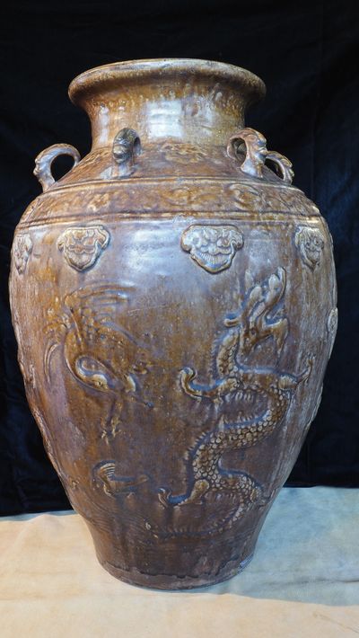17-18th century 23" tall Ming Martaban jar stores grain or oil, transport cart / ship China/SE Asia.