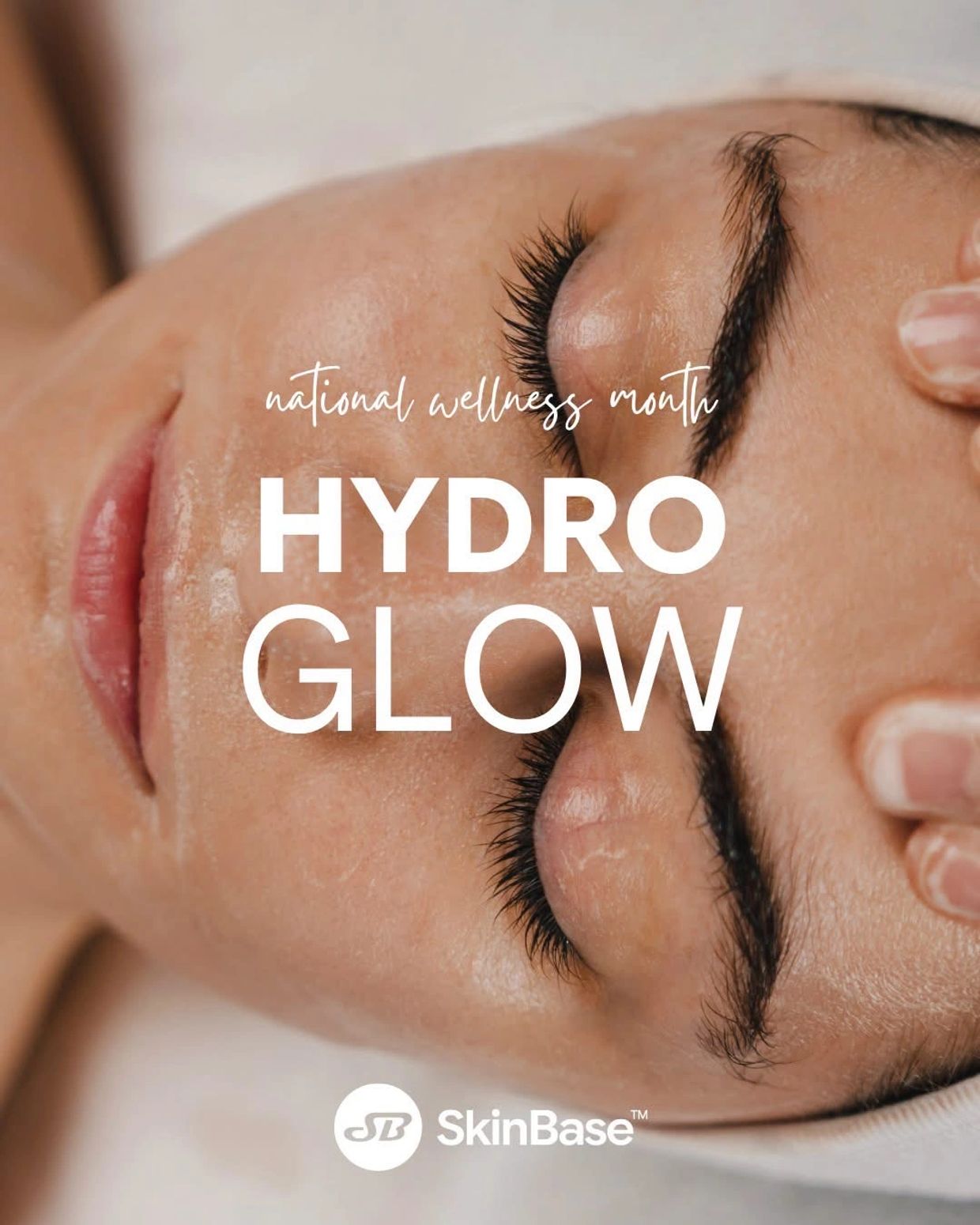 Close-up of a glowing face with text about Hydro Glow.