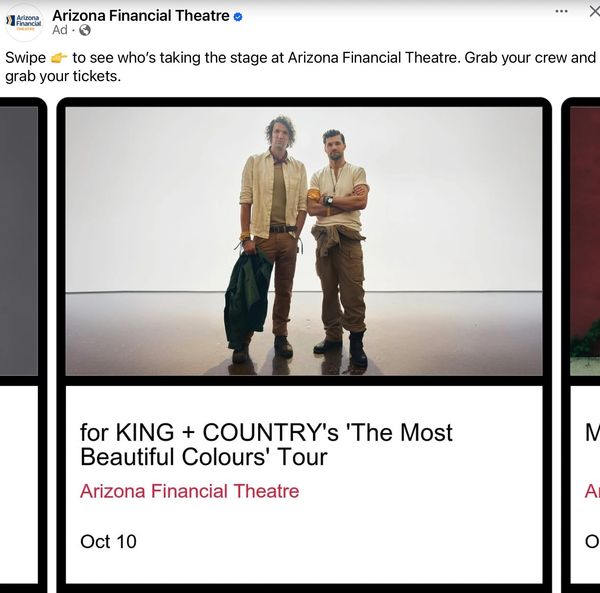 Promotional image for KING + COUNTRY's concert tour at Arizona Financial Theatre.