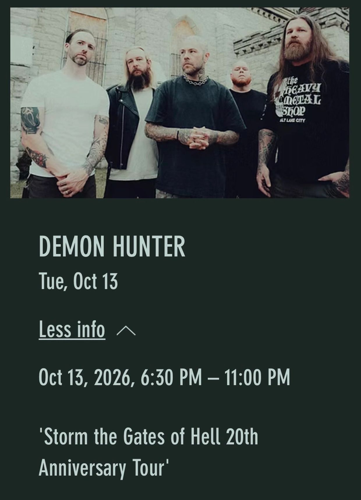 Demon Hunter band tour date info for Oct 13, 2026.