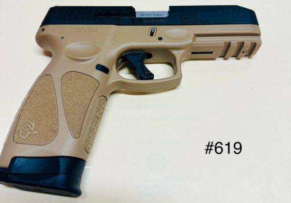 Tan and black semi-automatic handgun on white background with #619.