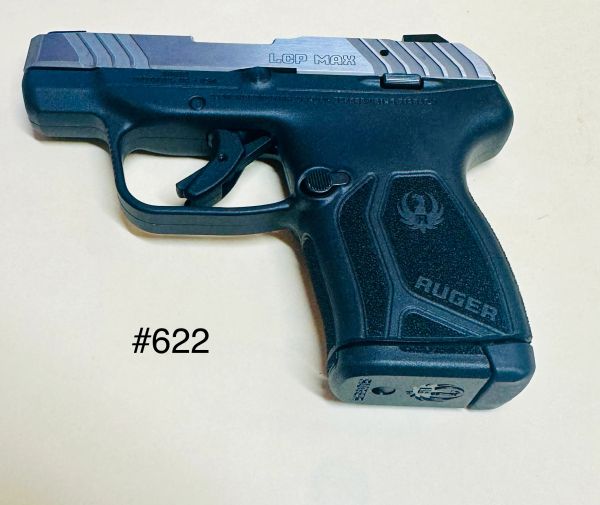 A Ruger LCP Max compact handgun with a black grip and silver slide.