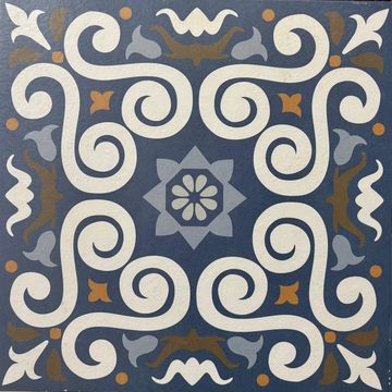 Decorative tile with blue, white, and brown symmetrical patterns.