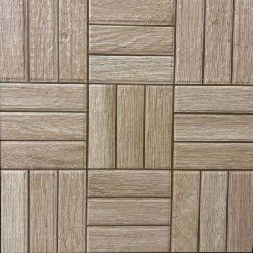 Wooden tile flooring with a geometric pattern of rectangles and squares.