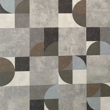 Geometric pattern with squares and quarter circles in neutral tones.