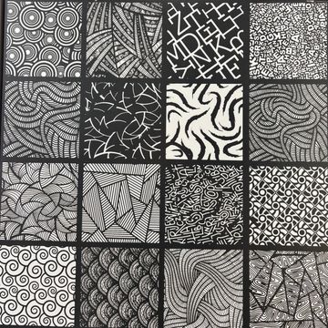 A grid of 16 black-and-white abstract patterned squares.