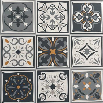 Nine decorative tiles with intricate floral and geometric patterns in gray, black, white, and gold tones.