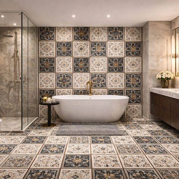 Elegant bathroom with patterned tiles, freestanding tub, and glass shower enclosure.