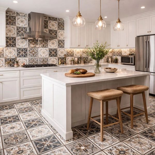 Elegant kitchen with patterned tiles and a white island with stools.