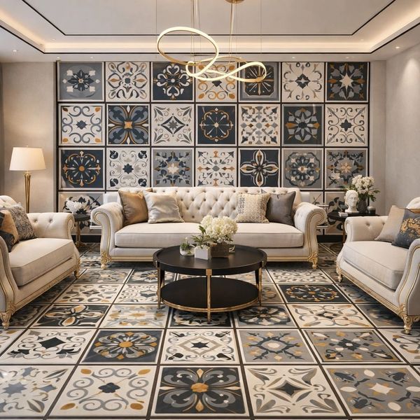 Elegant living room with patterned tiles on floor and wall, beige sofas, and modern lighting.