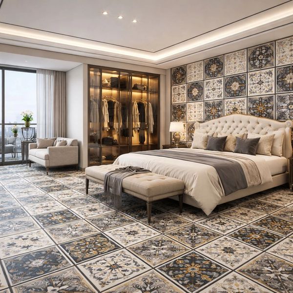 Elegant bedroom with patterned tile flooring and wall, plush bed, and cozy seating area.