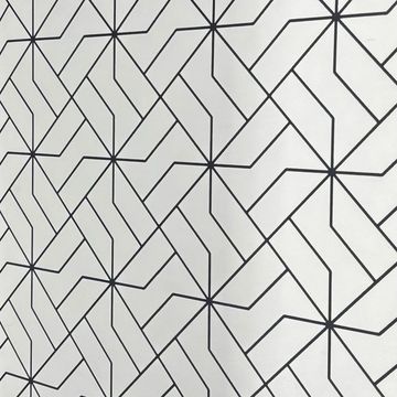 Black geometric lines forming interconnected patterns on a white surface.
