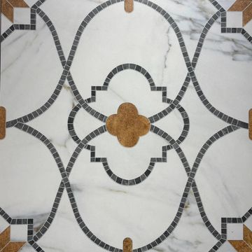 Elegant marble tile with black and brown geometric patterns.