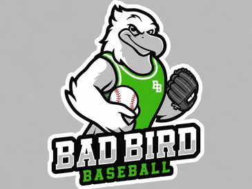A fierce bird mascot holding a baseball and glove with 'Bad Bird Baseball' text.