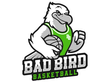 Mascot logo of a fierce bird holding a basketball in a green jersey.