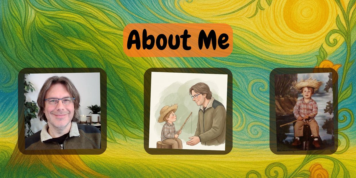 A collage titled 'About Me' with photos and an illustration of a man and a child fishing.