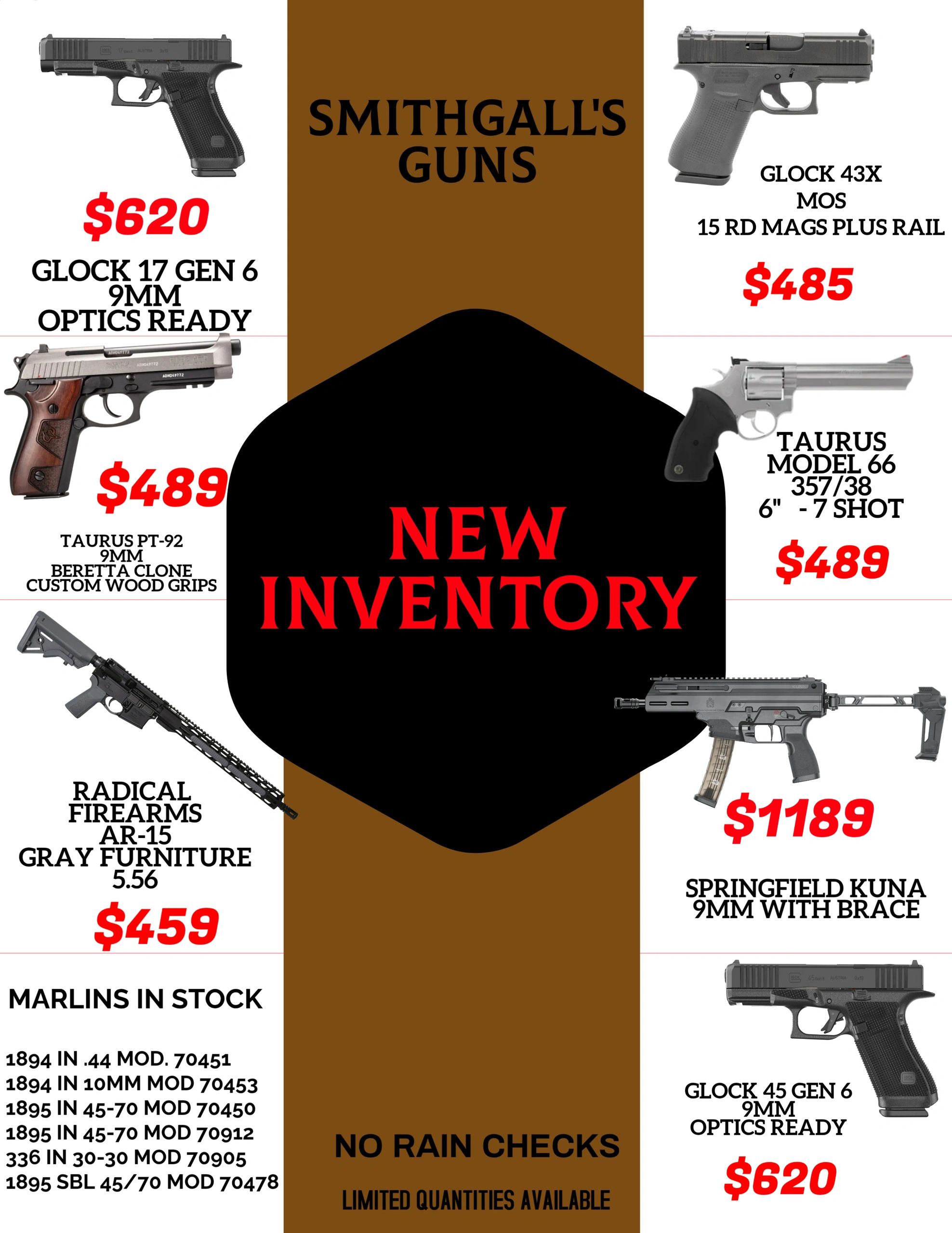 Gun store ad showing new handgun and firearm inventory with prices and details.