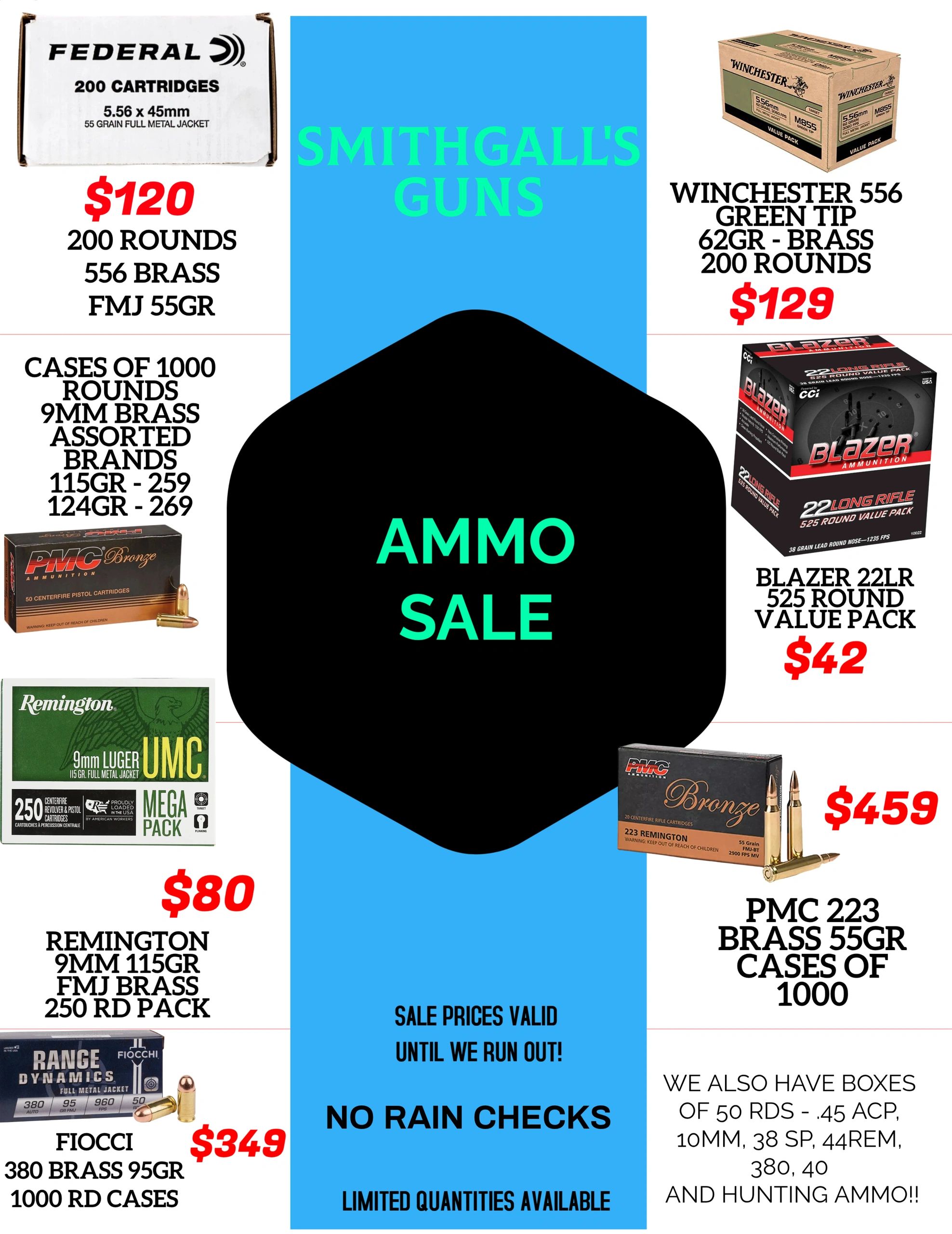 Ammo sale with prices for different cartridges at Smithgall's Guns.