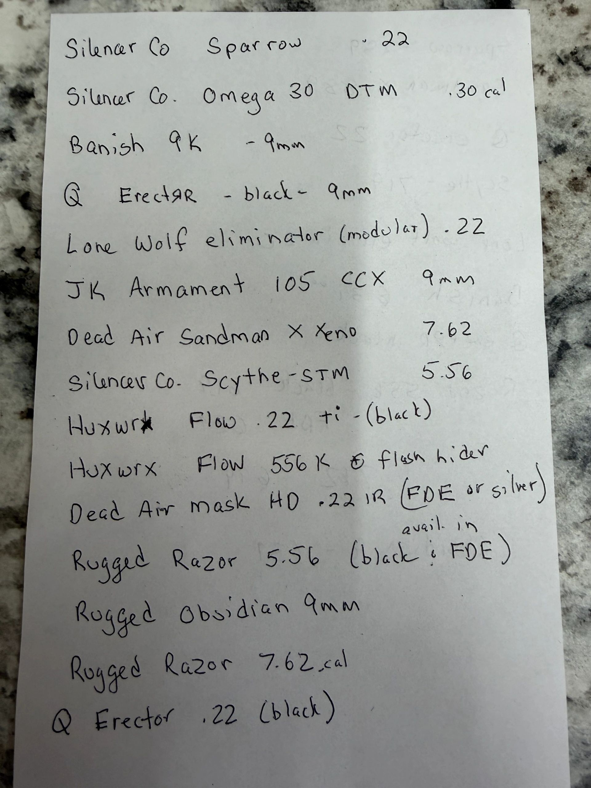Handwritten list of various firearm suppressors and their calibers.