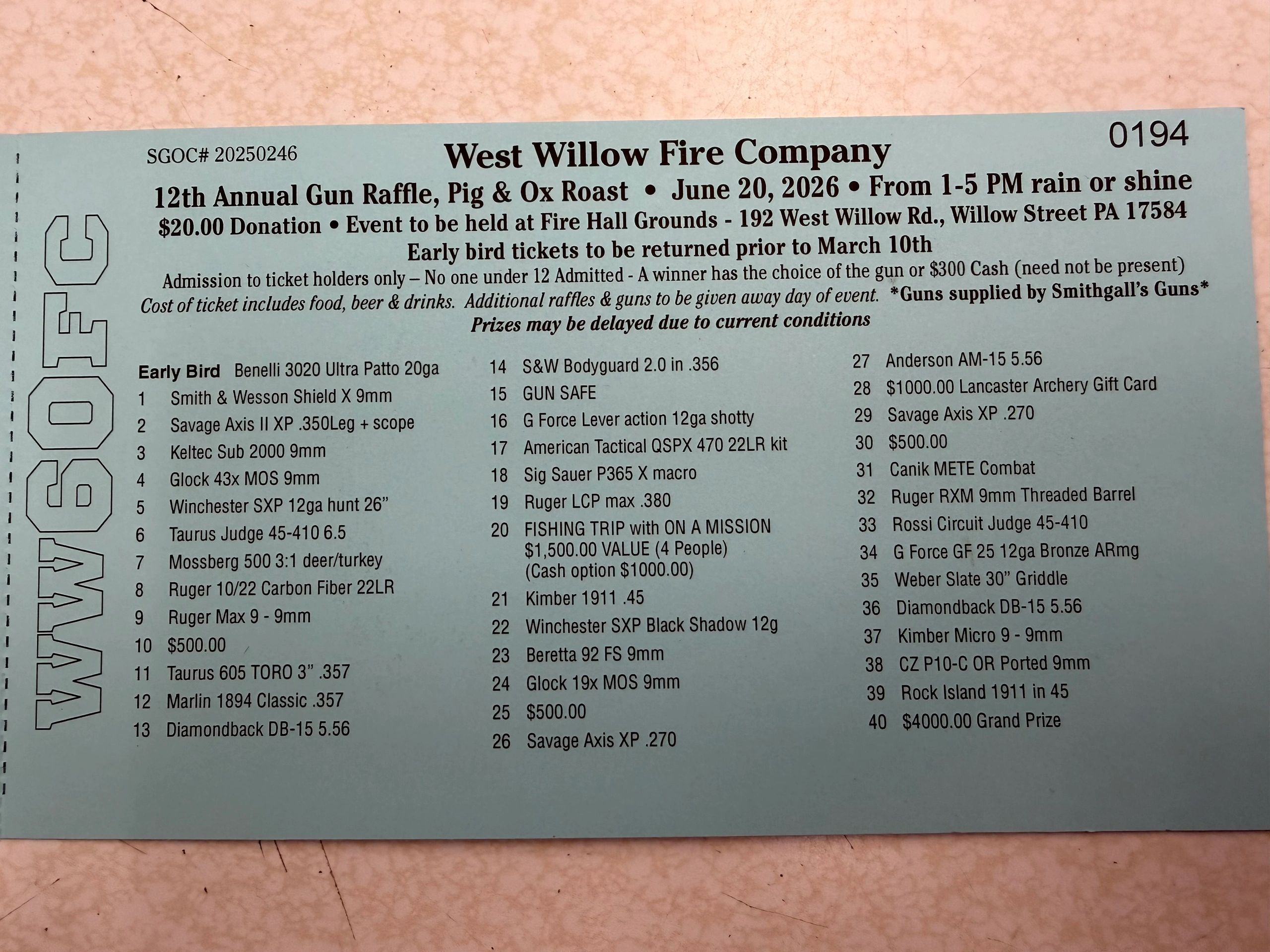 Raffle ticket for West Willow Fire Company event with gun prizes and cash options.