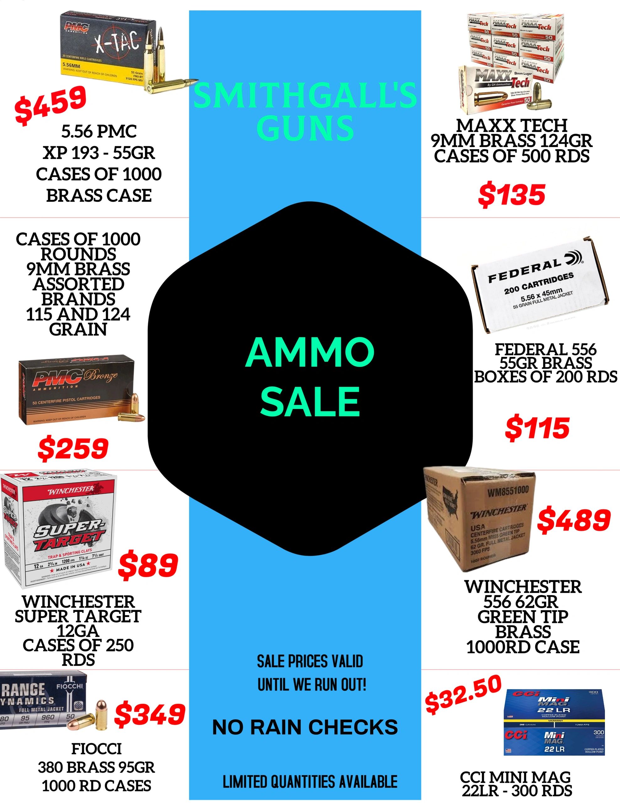 Smithgall's Guns ammo sale with various discounted ammunition prices.