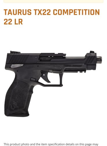 Black Taurus TX22 Competition pistol with exposed barrel.