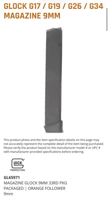 Black Glock 9mm magazine for multiple models.