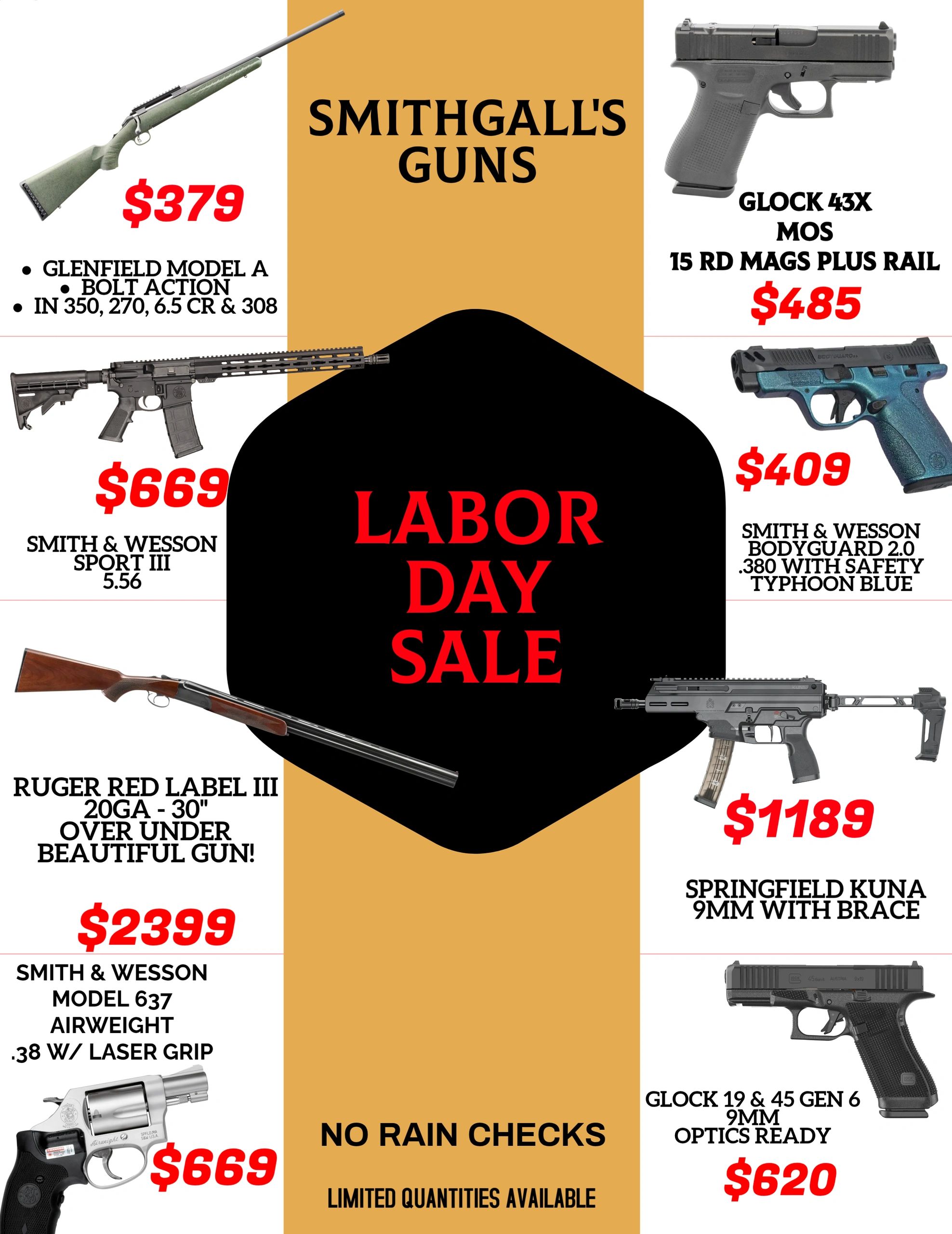 Smithgall's Guns Labor Day Sale featuring various firearms and prices.