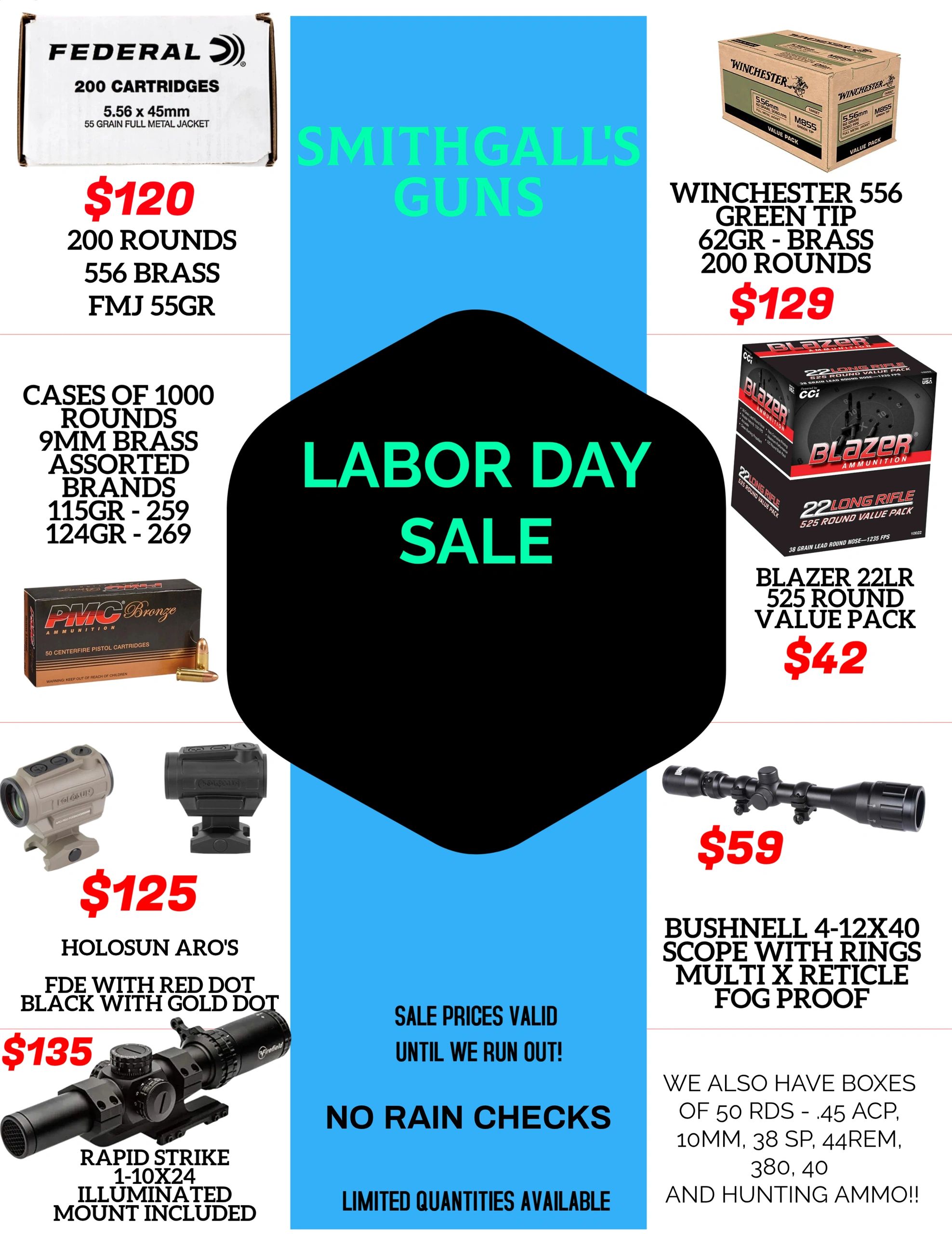 Labor Day ammo and optics sale at Smithgall's Guns with discounted prices.