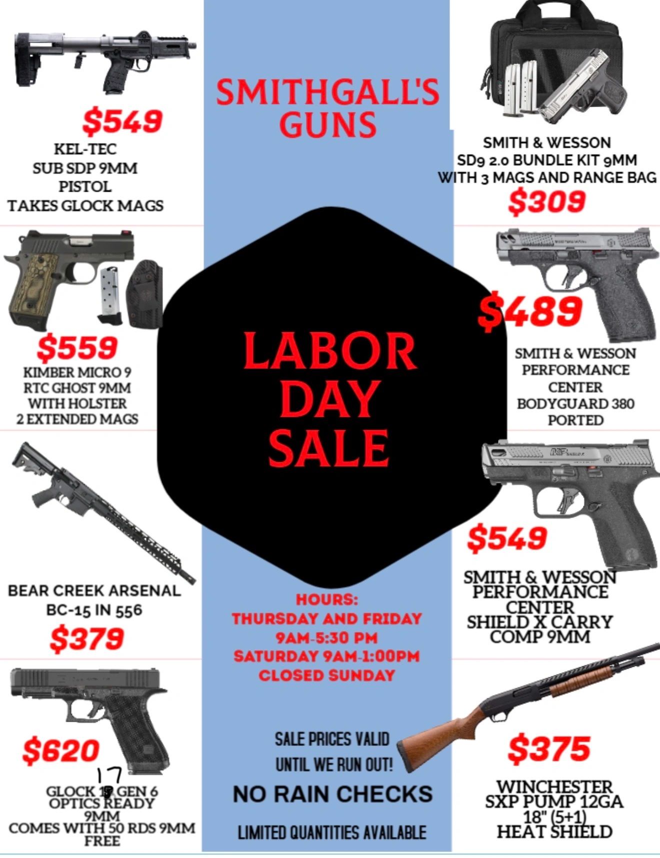 Labor Day gun sale with various firearms and prices.