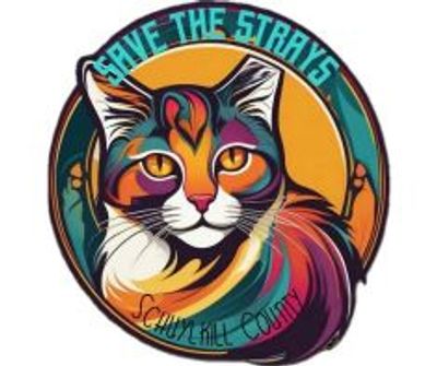 Colorful artistic cat design with text 'Save The Strays'.