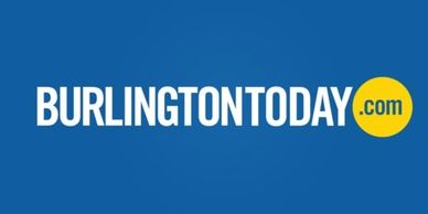 Logo of BurlingtonToday.com with white text on blue and yellow background.