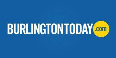 Logo of BurlingtonToday.com with white text on blue and yellow background.