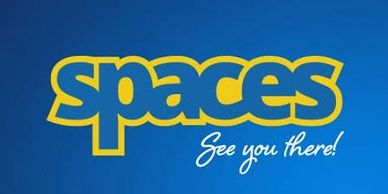 Logo with the word 'spaces' and 'See you there!' on blue background.