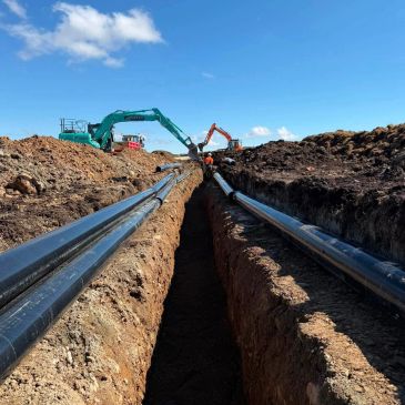Excavators laying pipelines in a trench.