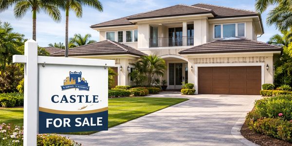 Beautiful two-story house with a "For Sale" sign in front yard.