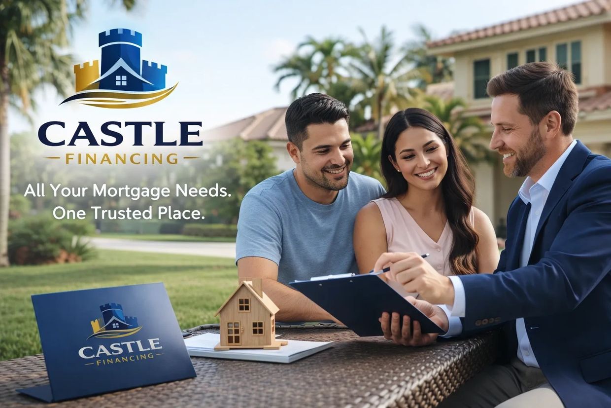 A couple consulting a mortgage advisor outdoors with Castle Financing branding.