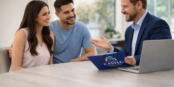A couple consulting with a real estate agent at a modern office.