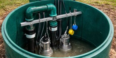 Submersible pumps installed in a green sump pit filled with water.
