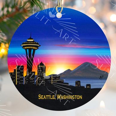 Design titled "Seattle Space Needle"- a Seattle skyline sunset ornament.