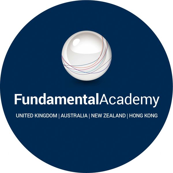Logo of Fundamental Academy with a globe and country names.