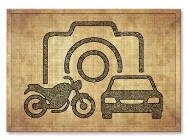 Vintage-style icon of a camera with a motorcycle and car.