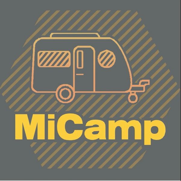 Minimalist logo of a camper trailer with 'MiCamp' text.