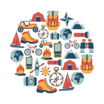 Colorful icons representing camping, hiking, and outdoor adventure gear.