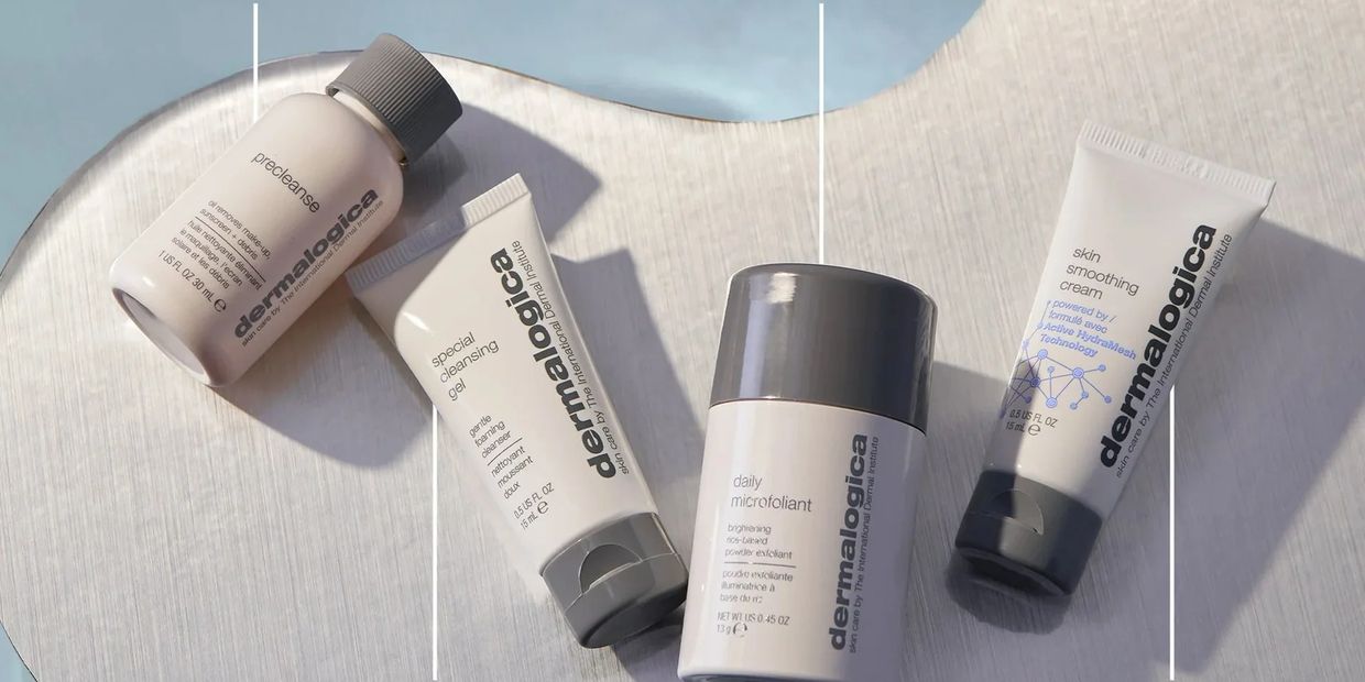 Four Dermalogica skincare products arranged on a light surface.