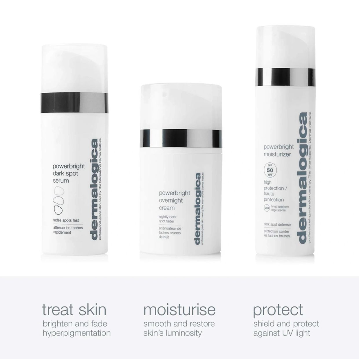 Dermalogica Powerbright skincare products for treating, moisturizing, and protecting skin.