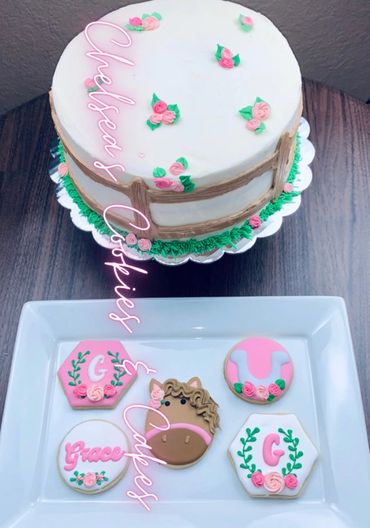 Elegant farm/horse custom decorated cookies and cake