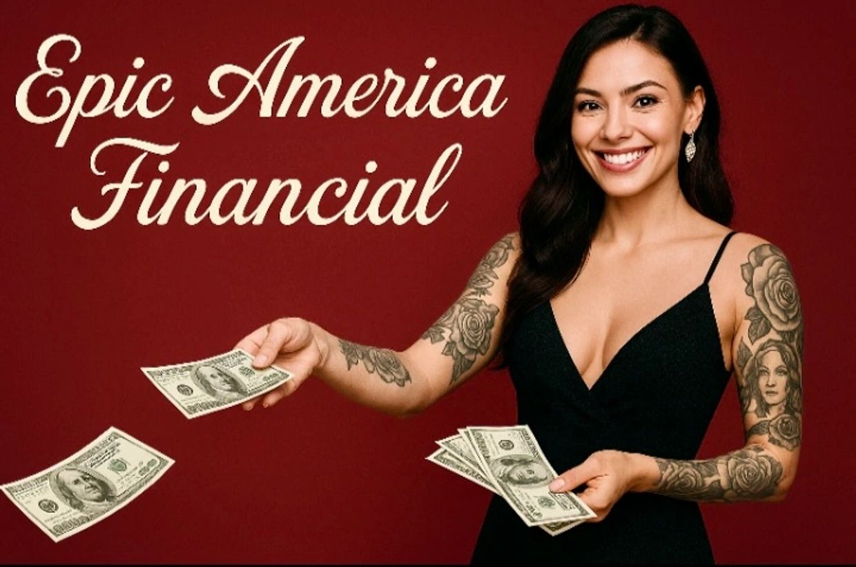 Woman with tattoos smiling, holding and giving out money against red background.