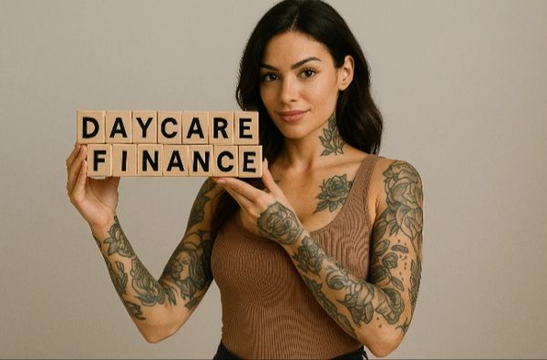 Woman with tattoos holding blocks spelling 'Daycare Finance'.