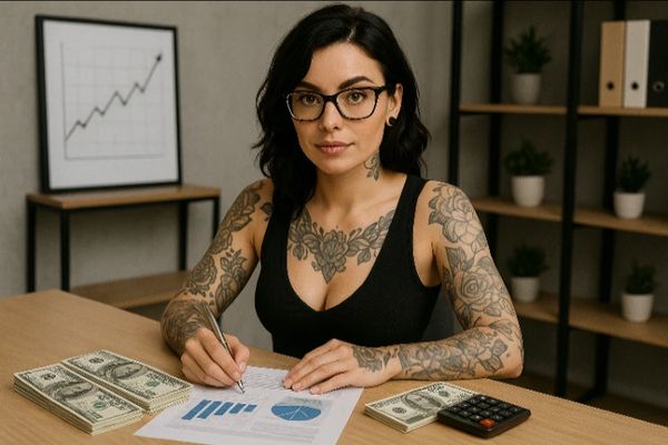 Tattooed woman analyzing financial charts at desk with money and calculator.
